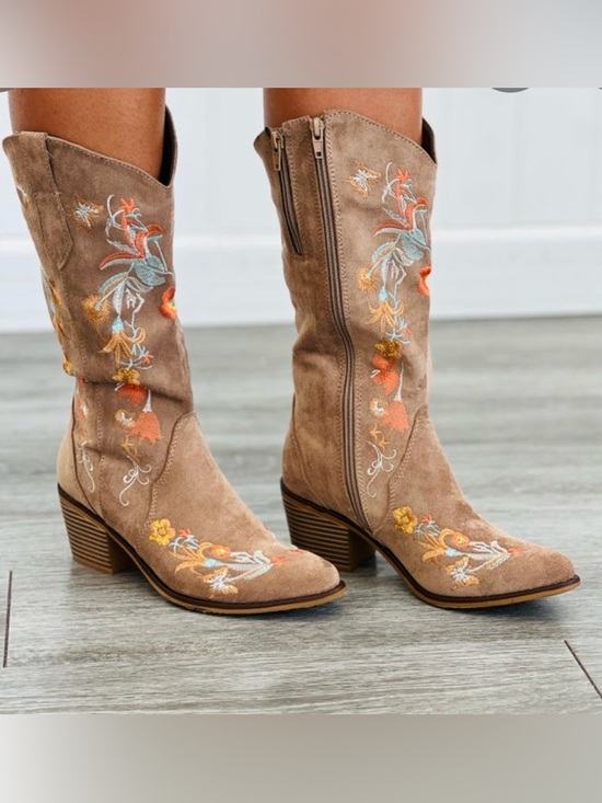 Pierre Dumas Shoes - Taupe Faux Suede Desert Bloom Embroidered Boots